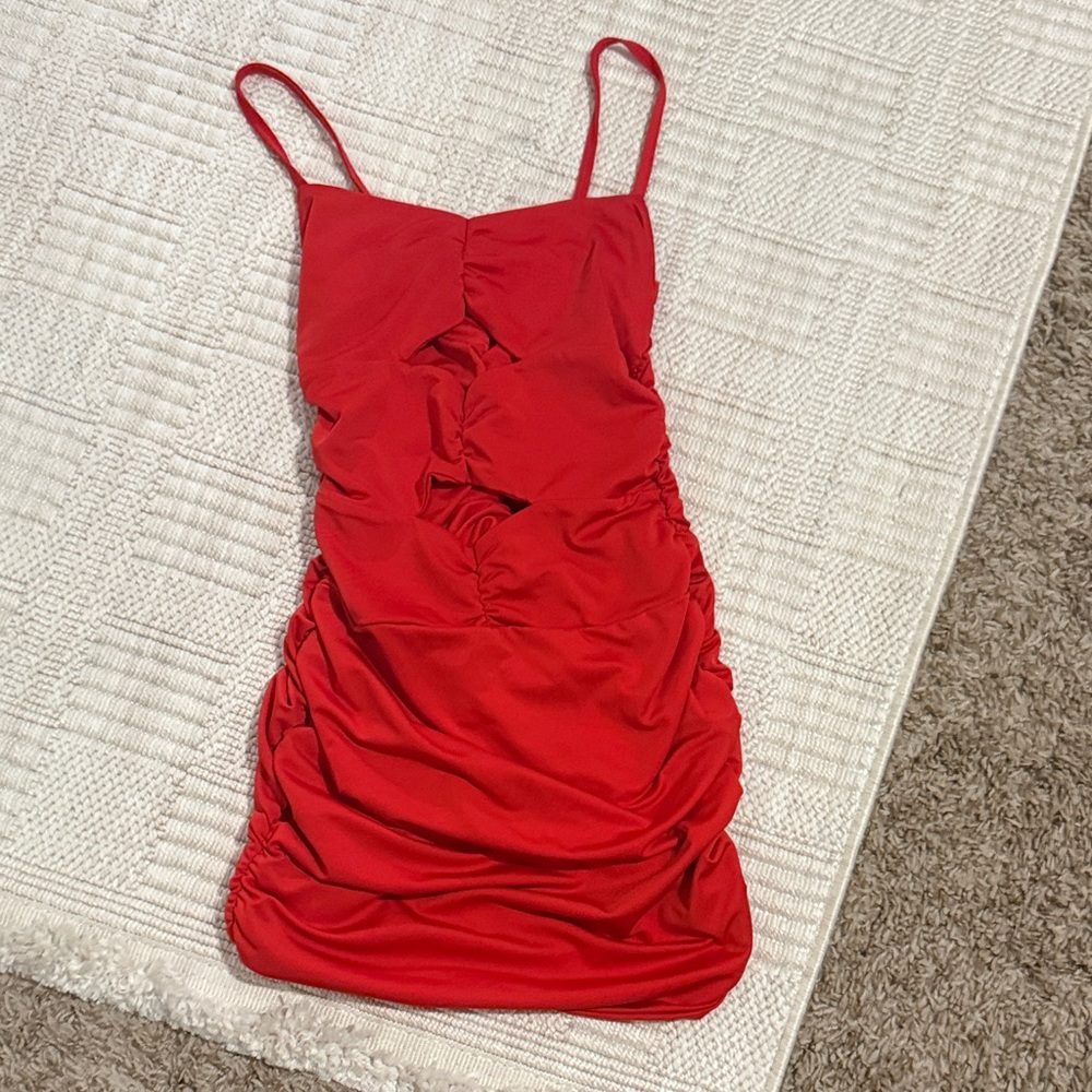Red Ruched Spaghetti Strap Mini Dress